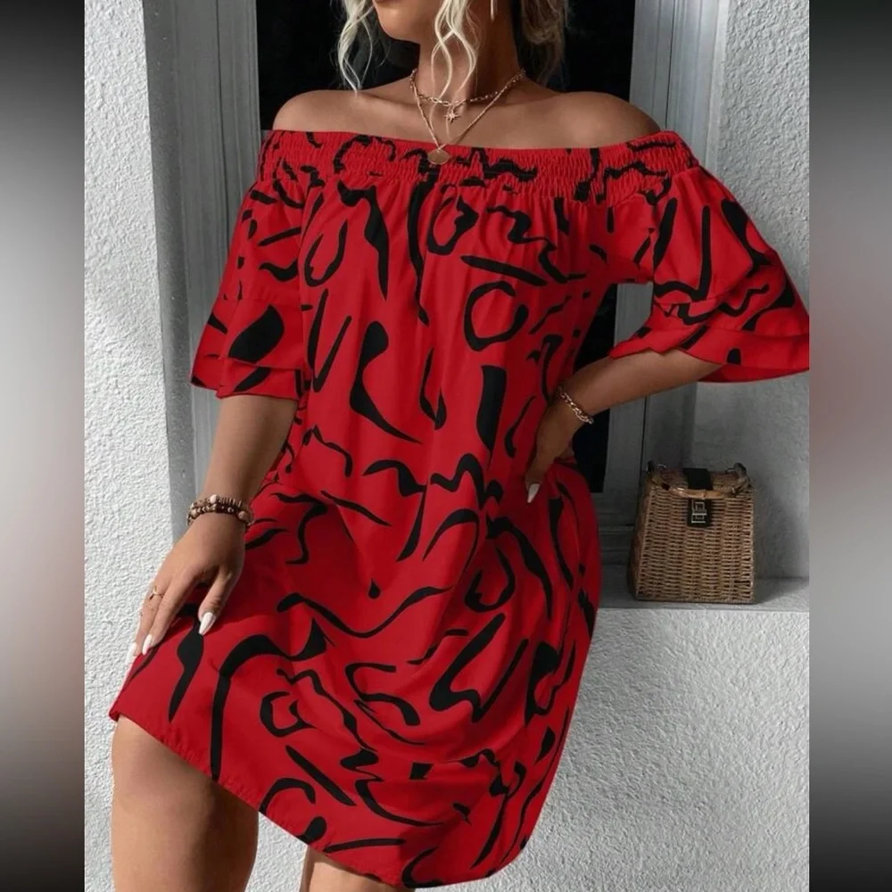 Boho plus size off shoulder flounce sleeve dress - Picture 10 of 12